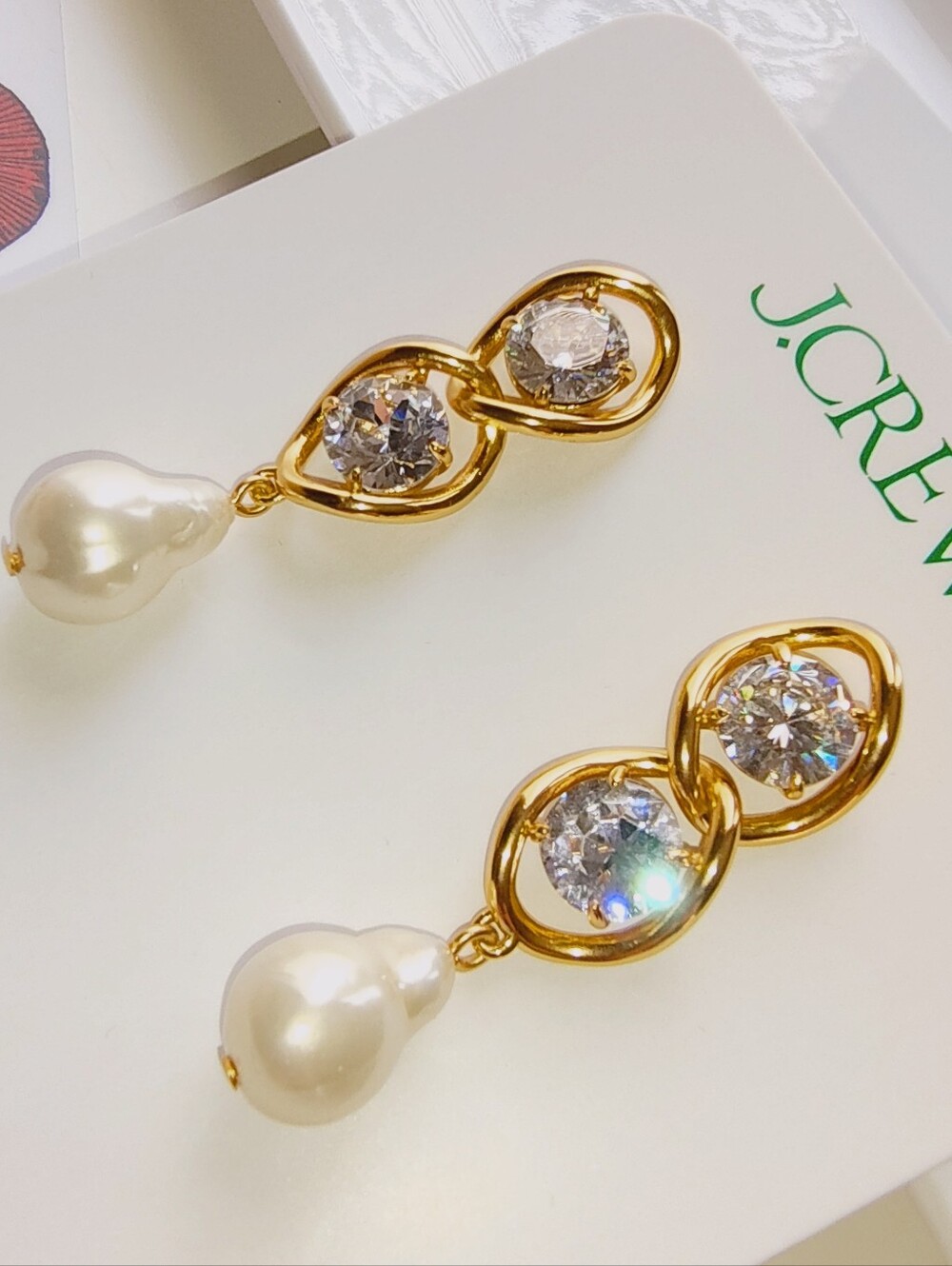J.Crew Gold Crystal & Pearl Chain link Drop Earrings - Picture 7 of 9